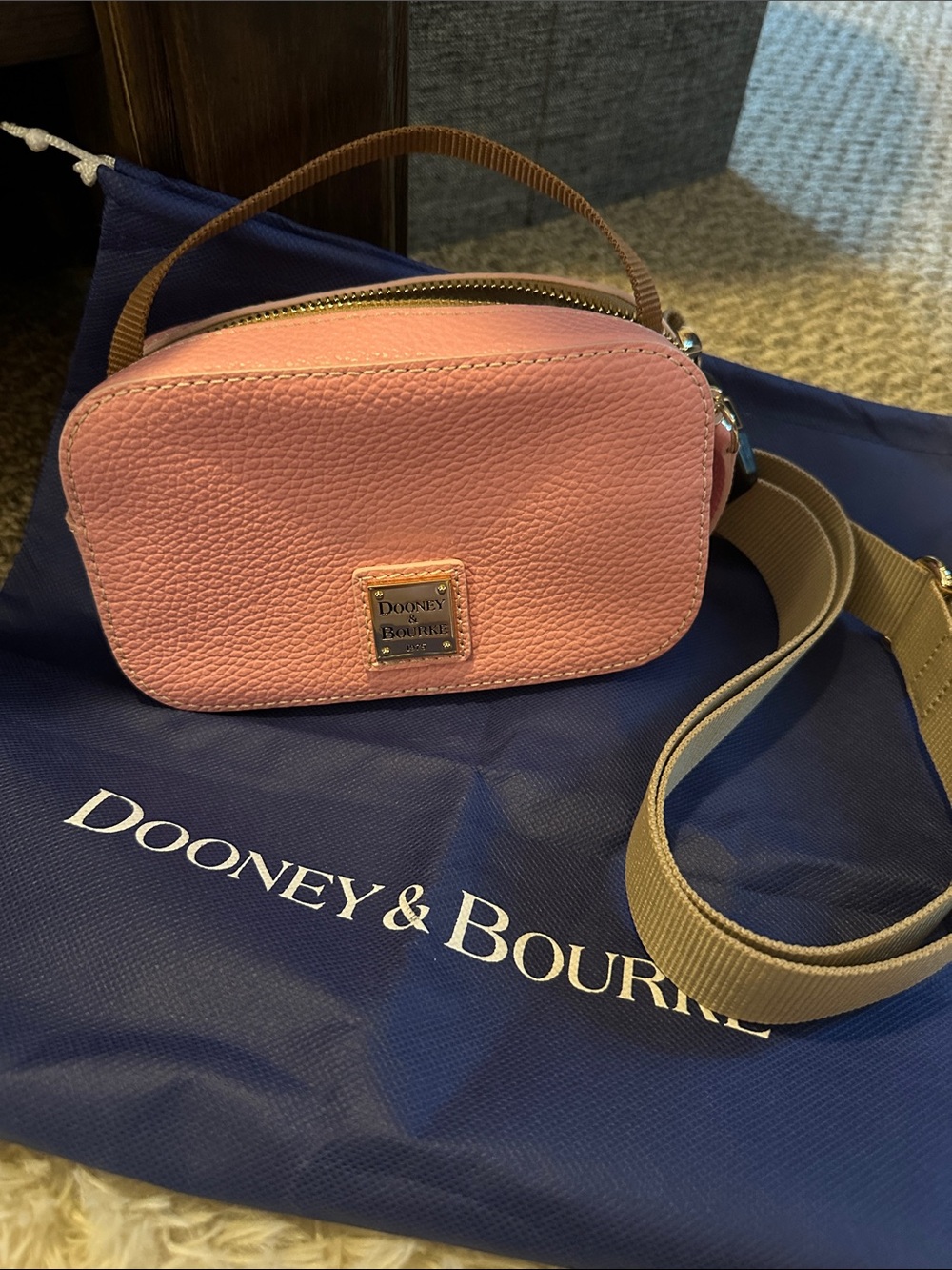 Dooney & Bourke Pink Pebbled Leather Mini Crossbody with Tan Strap, NWOT